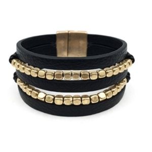 Black Leather & Gold Nugget Multi Strand Bracelet